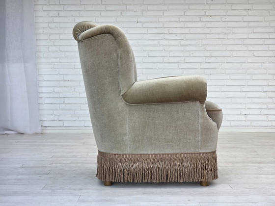 Image 1 of 1970s Danish Armchair, Original Condition, Furniture Velour, Beech Wood