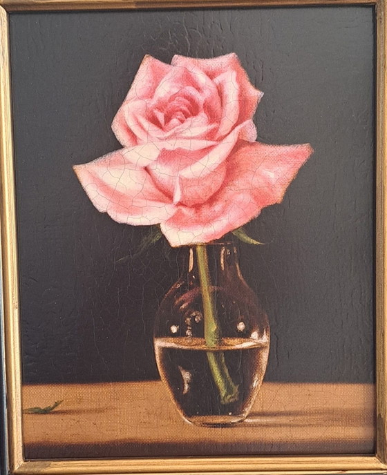 Natura morta con una rosa rosa di Patrick Farrell, Arte, Legno, Tela, Nero (foto 4 di 8)