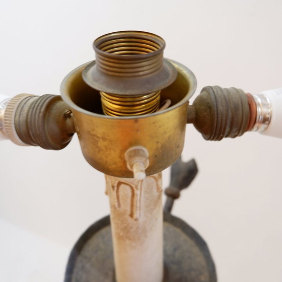 Image 1 of Wrought-iron tripod floor lamp adorned with stylized animal heads