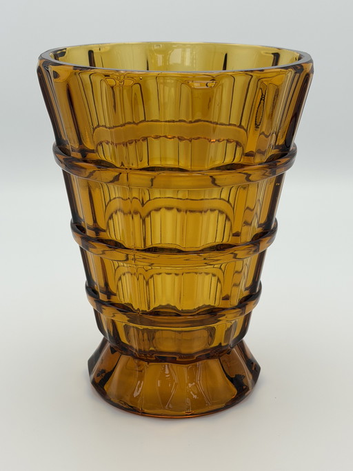 Vintage Amber Glass Vase – Mid Century Design – Heavy Pressed Glass
