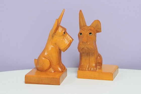 Image 1 of set x2 serre-livres en bois chiens