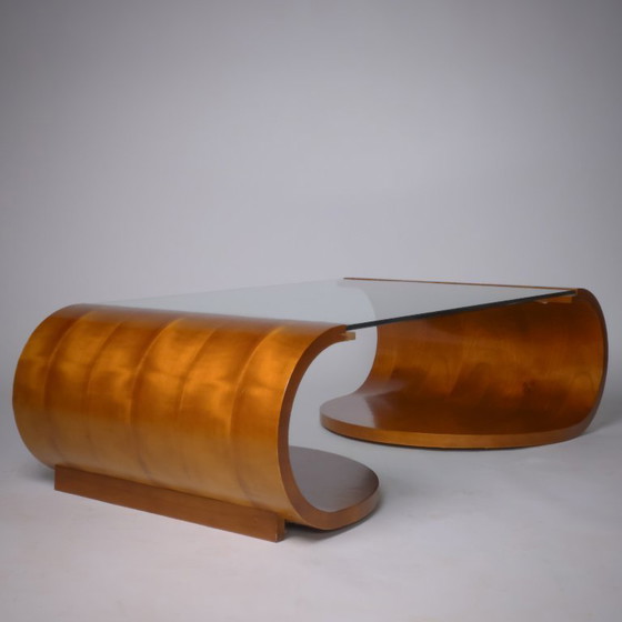 Image 1 of c. 1980 - Table basse sculpturale en noyer flammé et verre trempé - France