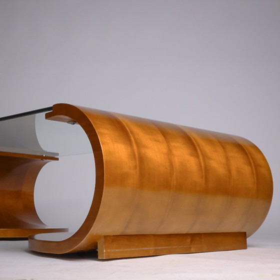 Image 1 of c. 1975/80 – Sculptural Coffee Table in Flamed Walnut and Tempered Glass – France