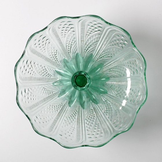 Image 1 of Mid-Century Pressed Glass Pedestal Bowl / Vintage Georgia Green Fruit Bowl / Ukraine / 1950s