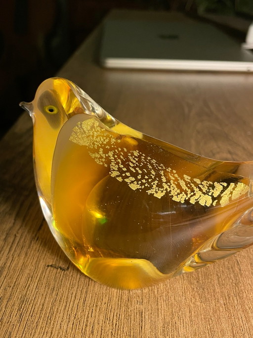 Yellow Glass Bird Figurine with Gold Leaf, Made by Multi Glass in Fukuoka, Japan