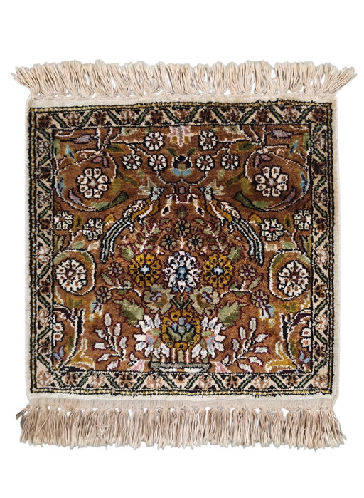Handgeknoopt oriental zijde Kashmir tapijt mini square Birds 39x39cm