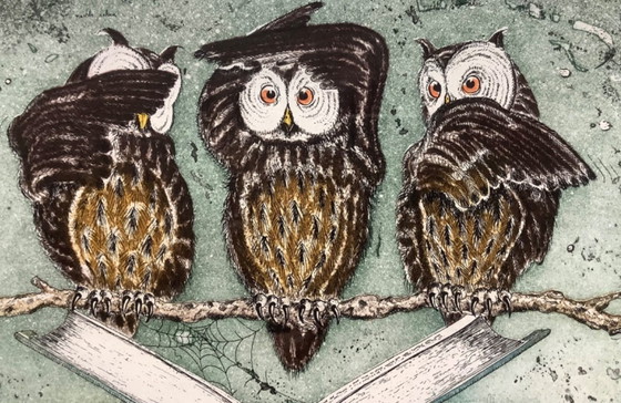 Image 1 of Colored etching in a beautiful frame. Hear, see, and be silent.