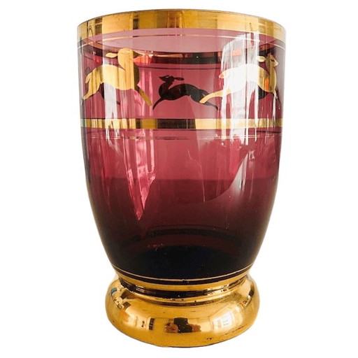 Antique small glass vase, amethyst, purple glass, golden deer, 1930s