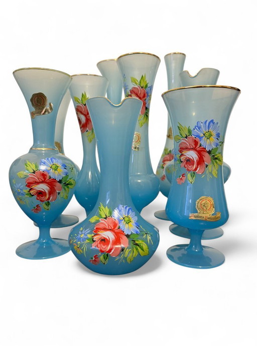 Collectible set of 7 original Florentine opaline vases from the 1950s.