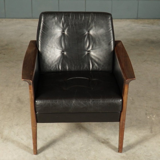 Image 1 of Vintage zwart lederen fauteuil – jaren 60