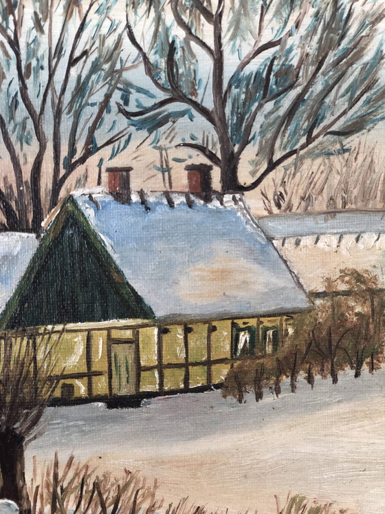 Image 1 of Vintage Original Cottage Oil Painting: Framed Winter Landscape Art