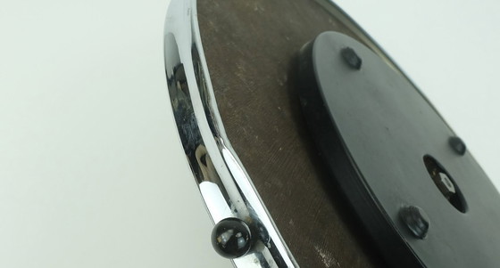 Image 1 of large rotating TRAY with fine crochet doily under glass wood and chrome 1930s