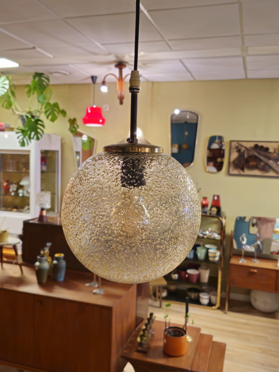 Image 1 of Vintage Hanglamp Glazen Bol Plafondlamp Lamp Messing 