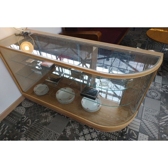 Image 1 of Pair of vintage oak display cabinets with rounded glasses, Czechoslovakia