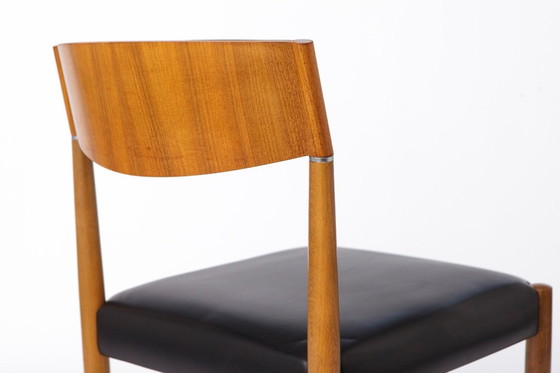 Image 1 of Set of 6 Vintage Teak Dining Chairs 1960s Germany, Mid Century Modern with Black Faux Leather