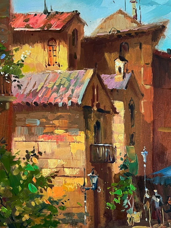 Image 1 of Peinture à l'huile originale représentant un paysage urbain et une architecture. Une promenade dans les rues de Venise.
