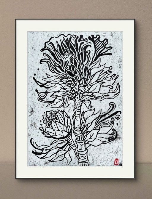 Protea, Linogravure - A3, Encre blanche sur papier noir, Art botanique imprimé à la main, Edition limitée