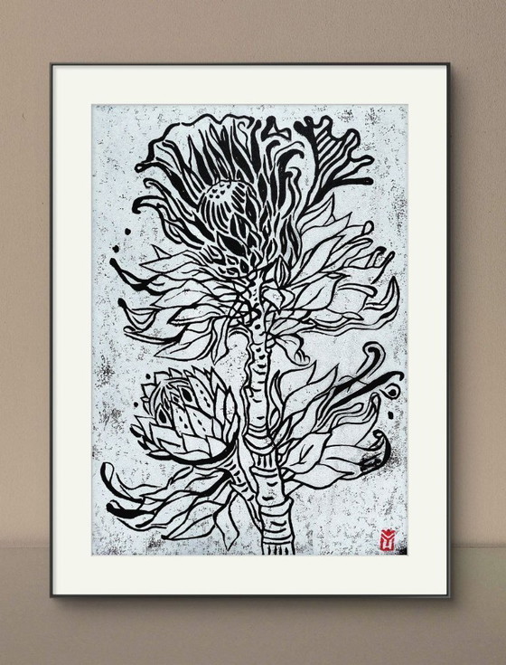 Image 1 of Protea, Impresión linograbada - A3, Tinta blanca sobre papel negro, Arte botánico impreso a mano , Edición limitada