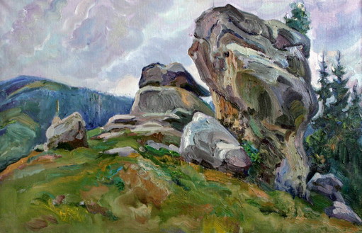 Origineel olieverfschilderij Berglandschap Rocks