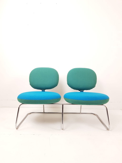 Artifort Banco Vega C 310/2 Sofá 2 Cromo Tela Ploeg Azul – 2 zitsbanken, Chrome, Wool, Vintage