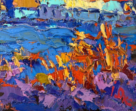 Image 1 of Original Oil Painting Sunset Village Landscape The sun sets quietly in silence