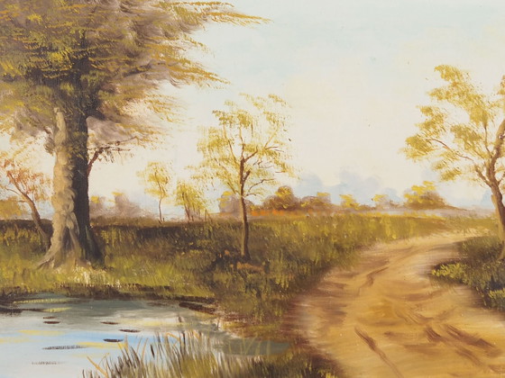 Image 1 of Peinture "The Road by the Pond", design scandinave, années 1970