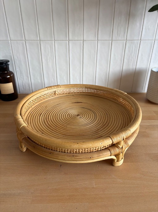 Large Rattan and Wicker Tray on Stand – Bohemian / Vintage Style