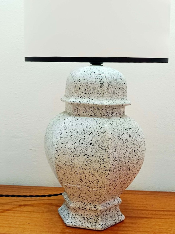 Vintage black and white ceramic lamp with satin lampshade, Table lamps, Textile (photo 4 of 11)