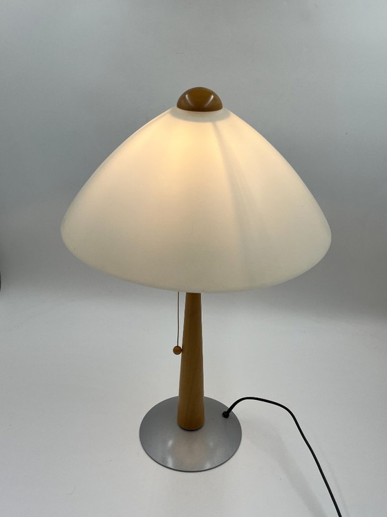 Large Modernist Opaline and Wood Table Lamp Massive, Metal, White (photo 3 of 12)