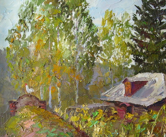 Original Ölgemälde Ländliche Landschaft Dorfhaus Sonnenblumen – Gemälde & Zeichnungen, Canvas (photo 8 of 8)