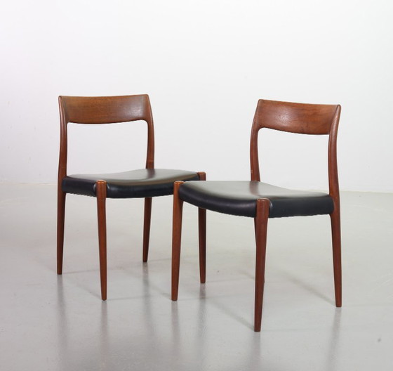 Image 1 of Mid-Century Scandinavian Niels Otto Moller Teak Wooden Dining Chairs with Black Leather Upholstery, Model 77. Set of 4.