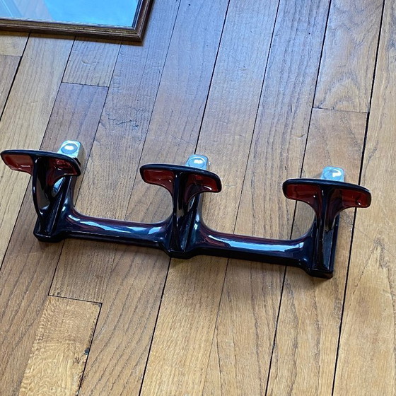 Image 1 of Vintage brown-purple plexiglass towel rack/coat rack with 3 hooks