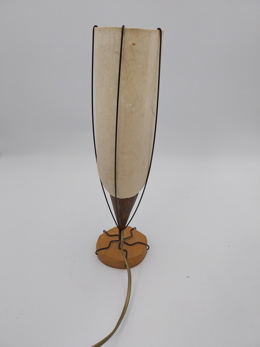 1 x Mid-Century-Tischlampe aus Kupfer, Holz und Kunststoff, beschriftet mit Reinier