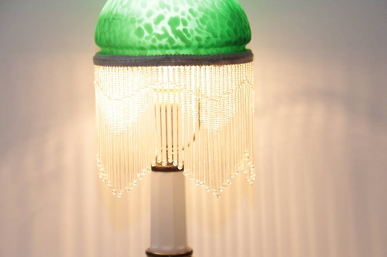 Image 1 of Table lamp with glass shade, glass beads, porcelain, 43cm, 1970s vintage