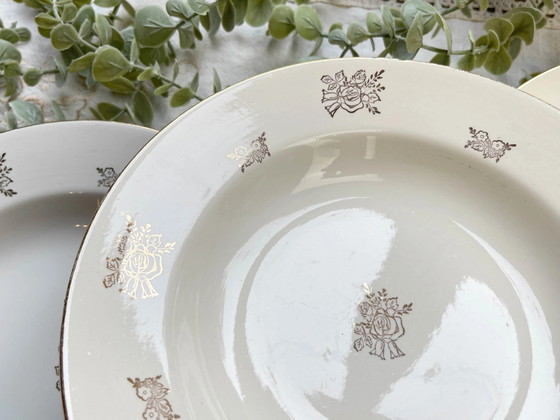 6 Vintage Digoin & Sarreguemines France 1950 Porseleinen Diepe Borden met Kleine Gouden Bloemen – Servies (photo 5 of 14)