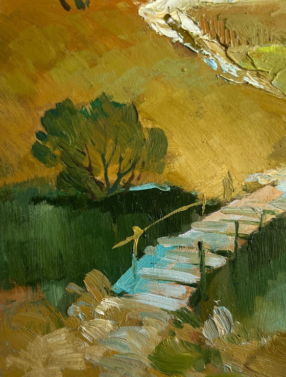 Image 1 of Origineel olieverfschilderij: Dorpsbrug, Landschapspad langs het dorp