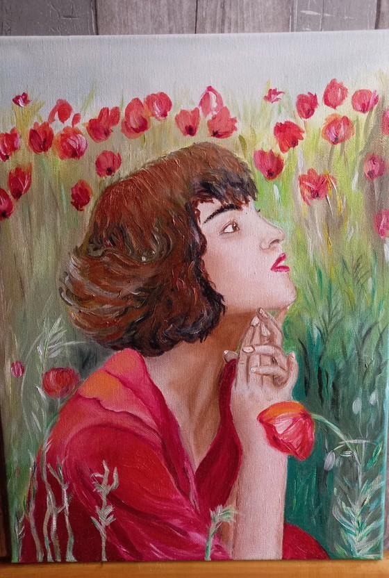 Image 1 of oil painting girl in a flower field
