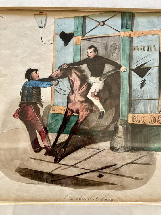 Image 1 of Antike Lithografie, Le Charivari, 1844, gerahmt – vergoldeter Rahmen aus dem 19. Jahrhundert