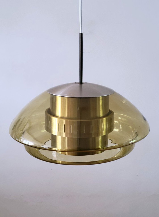 Dijkstra Space Age pendant lamp with amber glass, Netherlands 1970, Dijkstra Lampen, Metal, Yellow (photo 9 of 10)