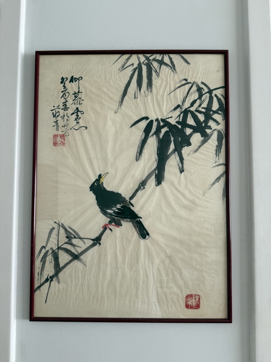 Chinese Ink Painting - Bamboo Bird - 47x64 cm – Paintings & Drawings, Glass, Paper (photo 9 of 9)