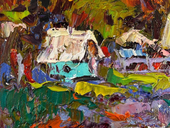 Image 1 of Original Oil Painting Evening Village Landscape The sun is setting