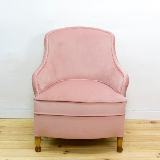 Image 1 of Stoffen en houten fauteuil uit Mid Century, 1950