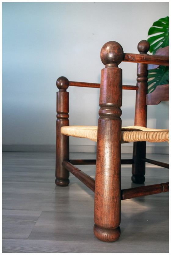 Image 1 of Eikenhouten en biezen fauteuil, brutalistische stijl, Charles Dudouyt, jaren 40