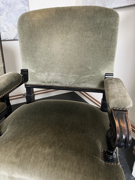 French Armchairs, Black Lacquered Wood, Olive Green Velvet (photo 5 of 15)