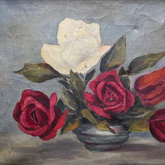 Image 1 of Peinture à l'huile vintage représentant des roses, années 1950/60