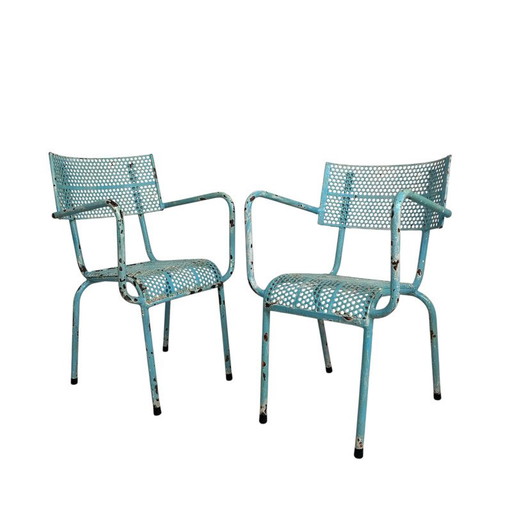 Ensemble de 2 chaises de jardin industrielles en acier avec accoudoirs, années 50