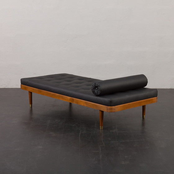 Image 1 of Teak en zwart lederen daybed van Horsens Møbelfabrik, 1960