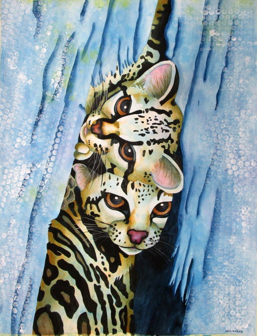 Two cute leopard cubs hiding in a tree (handgeschilderd)