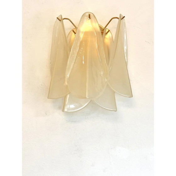 Image 1 of Set van twee eigentijdse, moderne, geschuurde champagnekleurige “Rondini” Murano wandlampen.