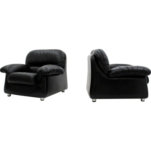 Paire de fauteuils vintage en cuir noir, 1970
